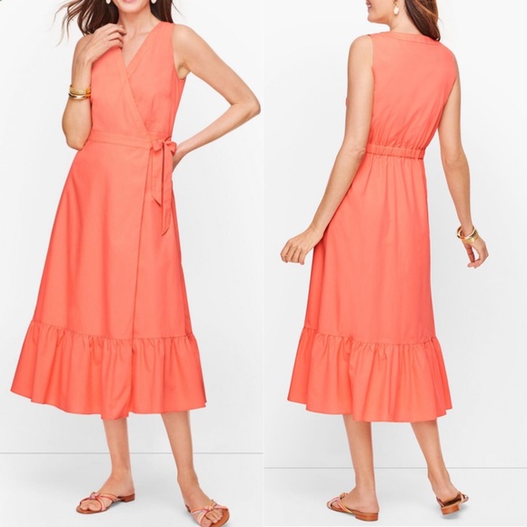 NWT Talbots Petite Coral V-Neck Poplin Functional Wrap Midi Dress Size 2P Preppy - Picture 3 of 16